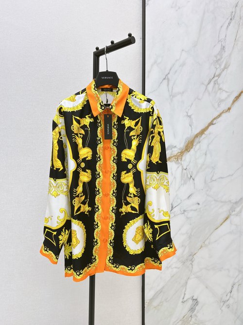 Versace Baroque Printed Silk Shirt with Medusa Buttons, Elegant and Slimming