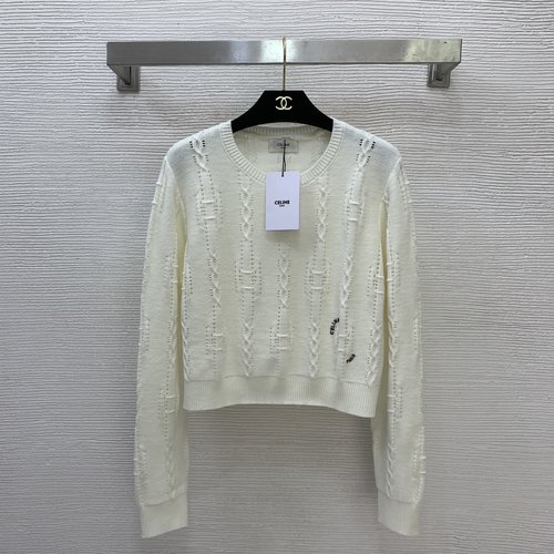 Celine Wool Knit Short Long Sleeve Top with Logo Embroidery