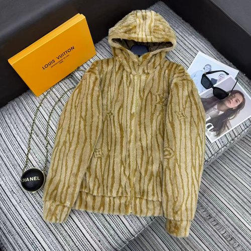 Louis Vuitton Faux Fur Coat with Letter Logo and Print