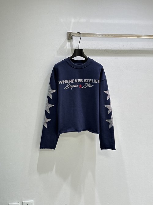 Versace Loose-Fit Sweater with Bling Stars and Brand Words in Blue and White