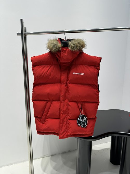 Balenciaga Reversible Cotton Vest with Artistic Embroidery and Fur Trim