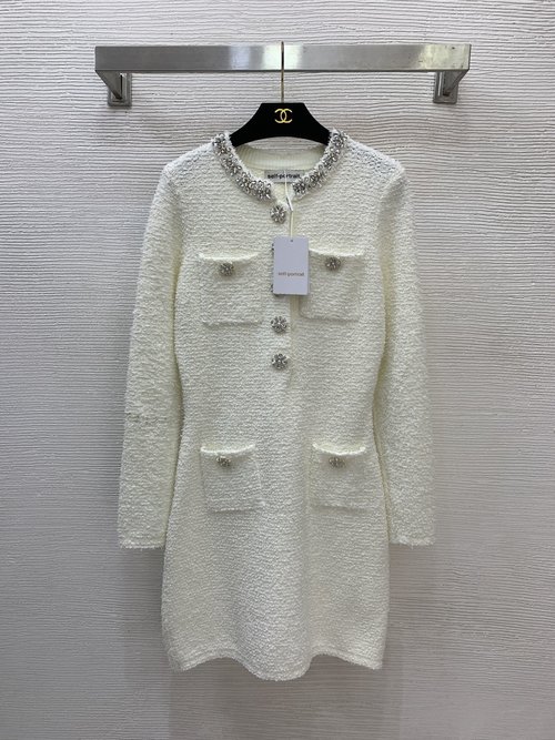 Self-Portrai Embellished Diamond-button Knit Dress with Round Neck