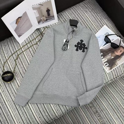 Chrome Hearts Modern Leather-Badge Cross Stand-Collar Sweatshirt Available in Two Colors