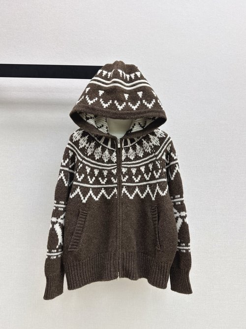 Loro Piana Retro Fair Isle Pattern Wool Hooded Cardigan, Two Color Options