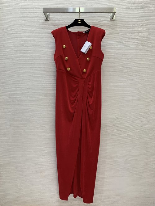 Balmain Customized Gold Logo Zip Sleeveless V - Neck Evening Dress