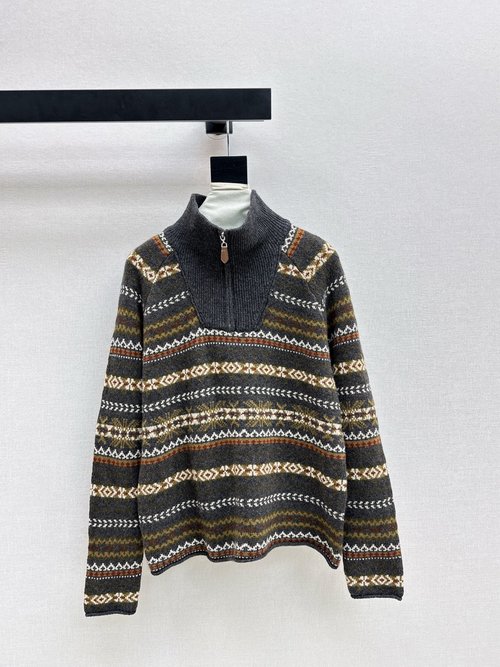 Loro Piana Retro Fair Isle Pattern Wool Sweater with Buttons and Dual Colors