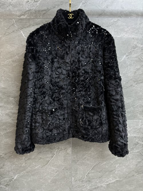 Chanel Double C Embroidered Sequined Furry Straight-fit Coat, Fashionable