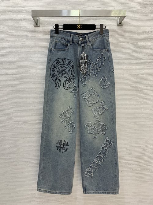 Chanel Distressed Denim Wide-leg Jeans with Logo Embroidery