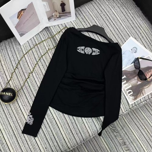 Chrome Hearts New Sequin Logo Off-Shoulder Ruffled Waist Top