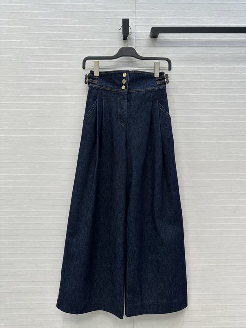 Zimmermann Pleated Three-Button Denim Wide-Leg Pants