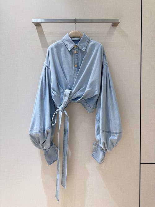 Zimmermann Short - Cut Denim Dress with Classic Collar and Bubble Sleeves