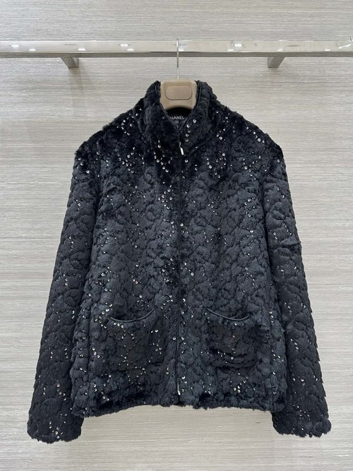 Chanel Elegant Ski Series Embroidered Faux Fur Coat with Shimmering Details
