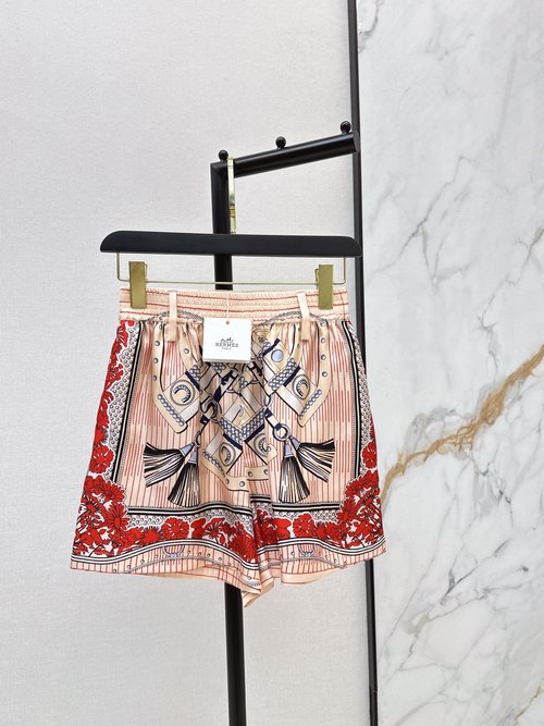 Hermes French Riviera Scarf Painting Print Silk Shorts with Elastic Waistband