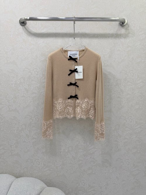 Valentino Lace-trimmed Knitted Cardigan with Classic Pit-stripe