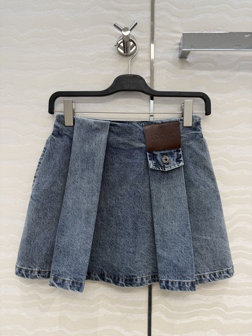 Loewe Pleated Leather-Trimmed Denim Skirt with Enzyme Wash and Custom Fabric