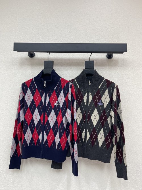 Vivienne Westhood Chic Checked Collared Knit Cardigan with Saturn Emblem