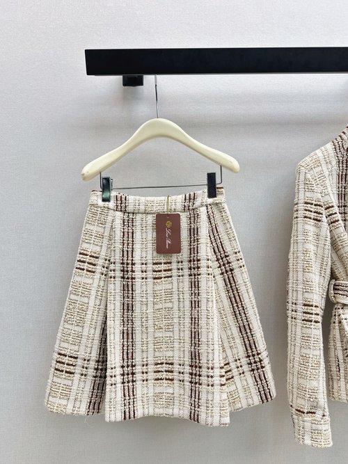 Loro Piana Exclusive Launch: High-Waisted Pleated A-Line Checkered Wool Tweed Skirt