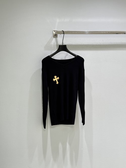Chrome Hearts Classic V - Neck Sweater with Cross & Gothic Embroidery