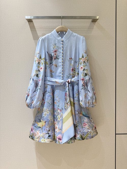 Zimmermann New Stand Collar Linen Dress with Lantern Sleeves