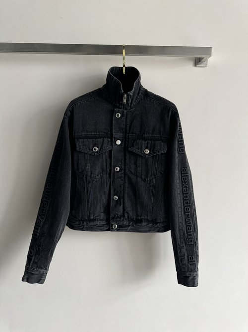 Alexander Wang Retro Short Denim Jacket with Branded Sleeve Embossing and Buttons