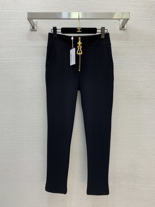 Schiaparelli Black Zippered Elastic Bootcut Pants with Gold Accessories