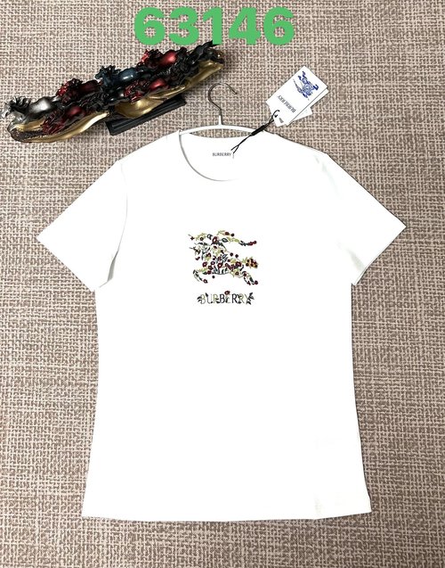 Burberry White Cotton Mercerized Embroidered and Printed T-Shirt