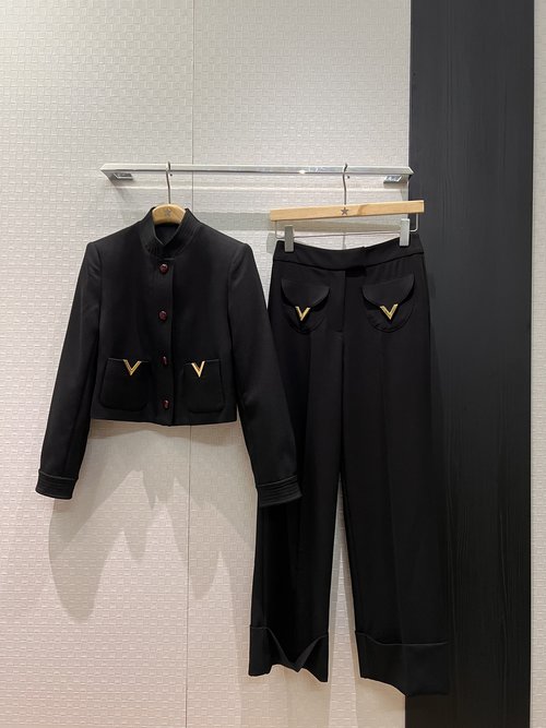 Valentino French Minimalist Stand Collar Short Coat with V Metal Logo Pocket