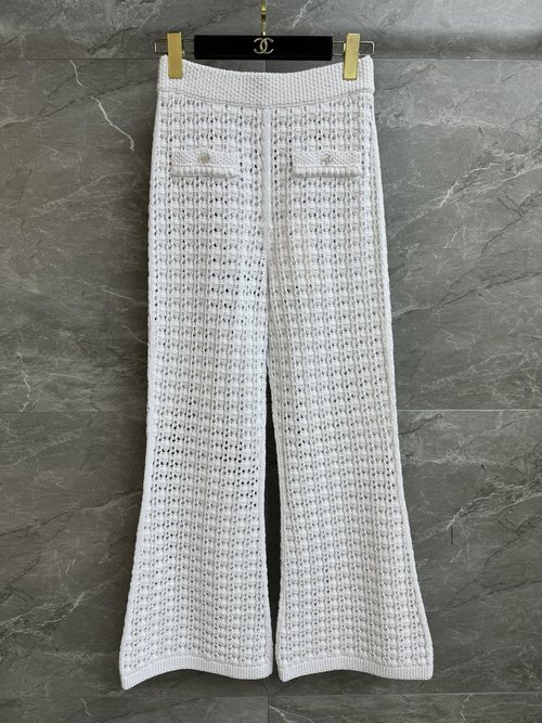 Chanel High-Waisted Flare Pants with Hollow Knit and Double C Buckles