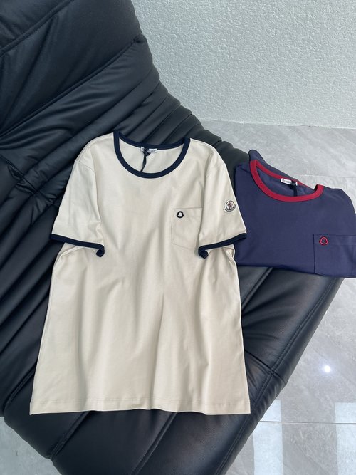 Moncler Cotton Round Neck Short Sleeve T-Shirt with Logo and Color Block for Classic Style