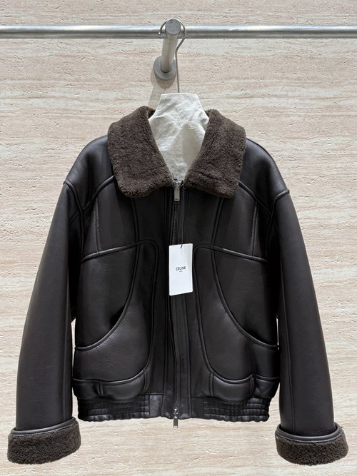 Celine Imported Sheepskin Fur Coat with Small Collar, Retro and Elegant