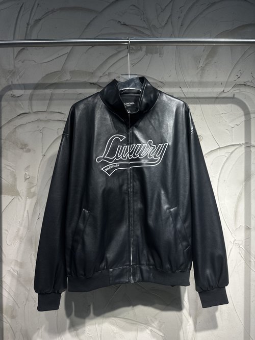 Balenciaga Luxurious Collared Flight Leather Jacket with Embroidery