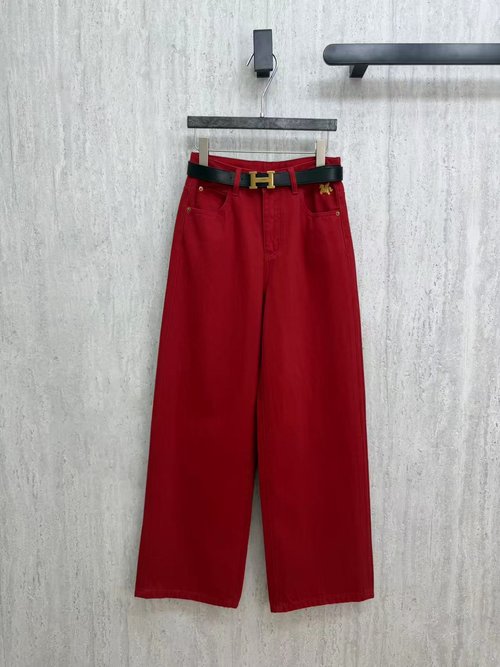 Hermes Cowboy Wide-Leg Pants with Gold Embroidery and Custom Belt