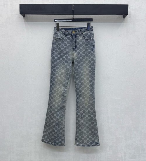 Gucci Laser Printed Denim Flare Pants with Double G Logo