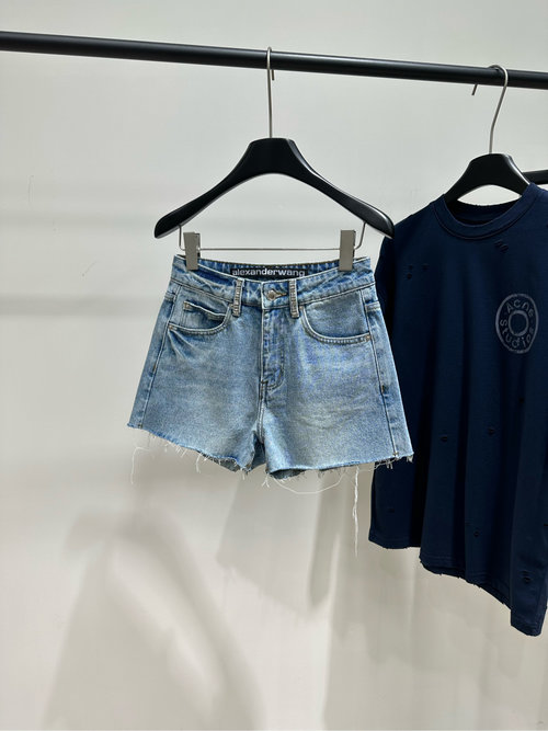 Alexander Wang Light Blue Denim Shorts with Rhinestone-Embossed Logo, Mid-Rise Casual Fit