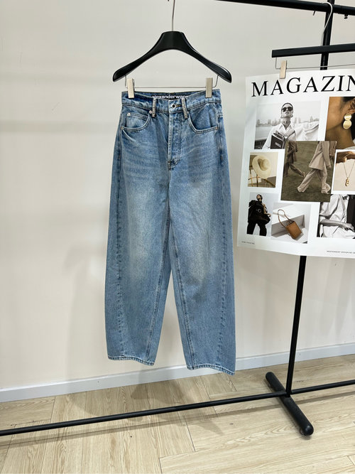 Alexander Wang Light Blue Denim Wide-Leg Pants with Rhinestones: High-Waisted Vintage Charm