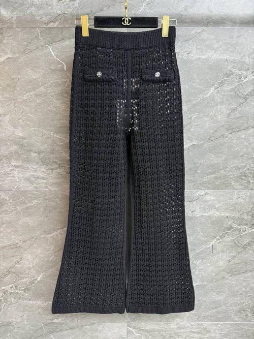 Chanel High-Waisted Flare Pants with Hollow Knit and Double C Buckles