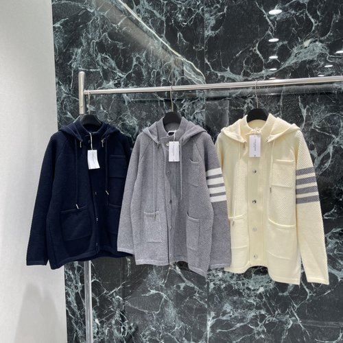 Thom Browne Four-Stripe Hooded Knit Coat, Practical