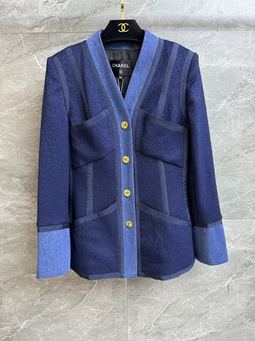Chanel Retro Stylish Blue Patchwork Coat with Gold Buttons