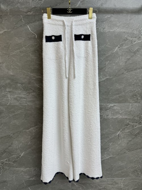 Chanel Elastic Waist High-Waisted Wide-Leg Trousers with Lace