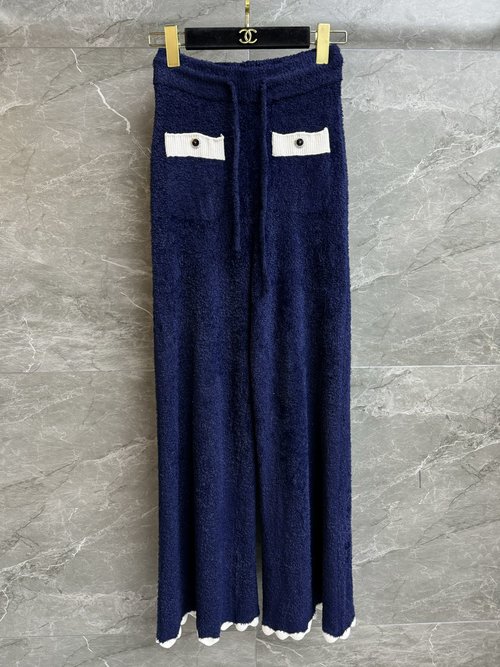 Chanel Elastic Waist High-Waisted Wide-Leg Trousers with Lace