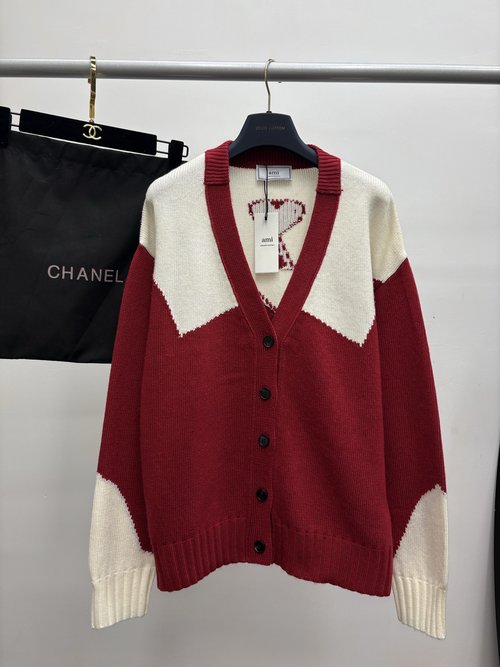 Ami Knitted V-Neck Cardigan with Contrasting Design