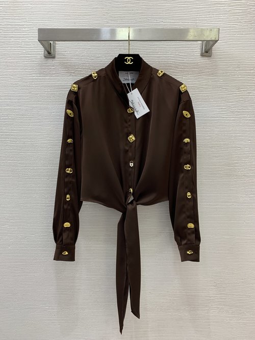 Schiaparelli Stylish Short - Sleeve Collared Shirt with Decorative Buttons, Beige