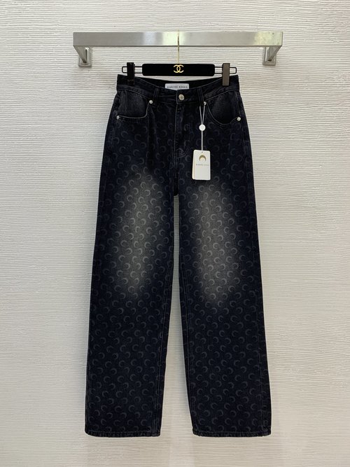 Marine Serre High-End Washed Denim Wide-Leg Jeans with Moon Print