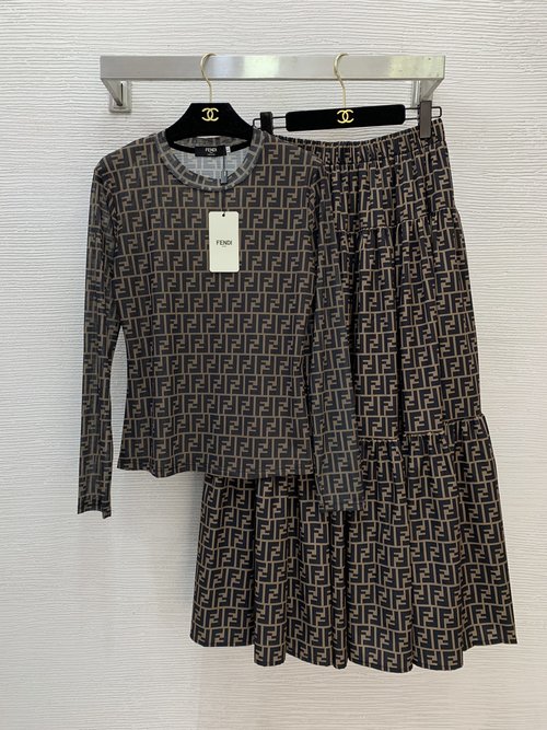 Fendi Classic Double FF Logo Two-Piece Set with High-Waisted Skirt