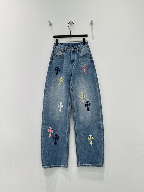 Chrome Hearts Original Color Cross Embroidery Jeans, High-quality