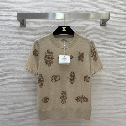 Hermes Custom Wool Blend Geometric Round Neck Short Sleeve Sweater