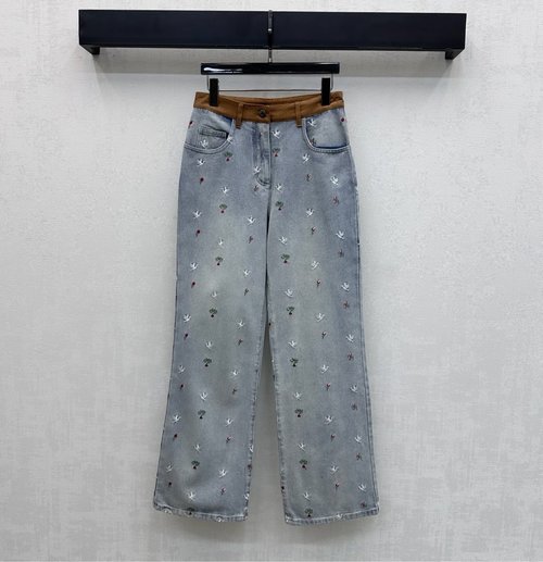 Dior Spliced Waist Denim Trousers with Rose Embroidery and CD Buttons