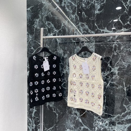 Dior Embroidered Crochet Knit Vest with Floral Embellishments
