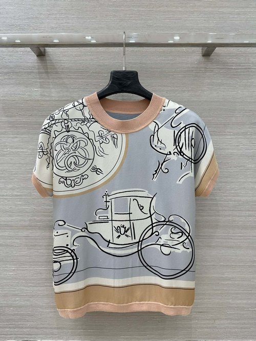 Hermes Bespoke Jacquard Silk Blend Half-Sleeve Blouse