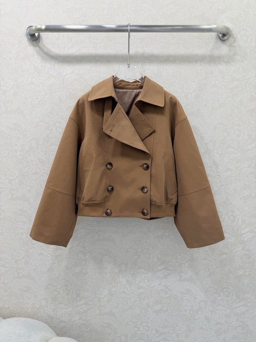 Brunello Cucinelli Loose Short Double-breasted Trench Coat with Copper Chain